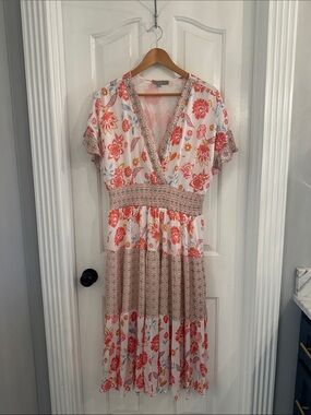 J Gee White and Coral Floral Smocked Midi Dress